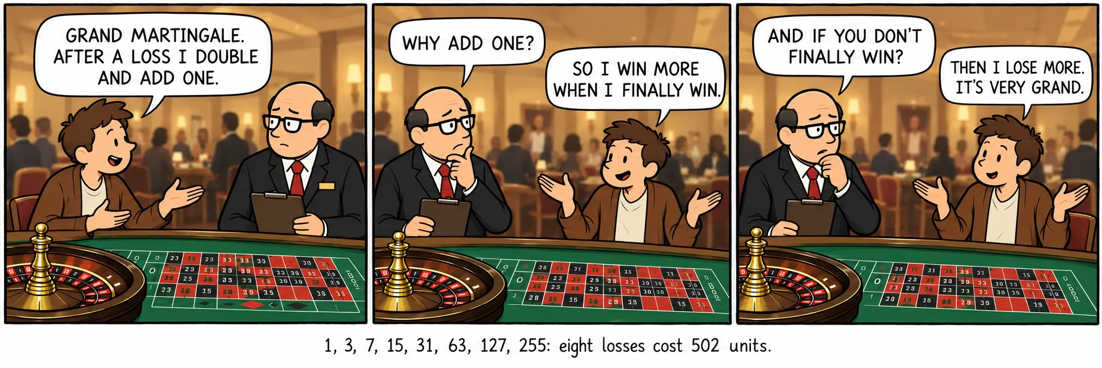 1, 3, 7, 15, 31, 63, 127, 255: რვა წაგება 502 ერთეული ჯდება.